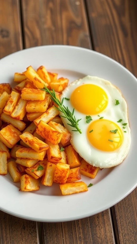 Crispy air fryer hash browns on a plate with sunny-side-up eggs and herbs.